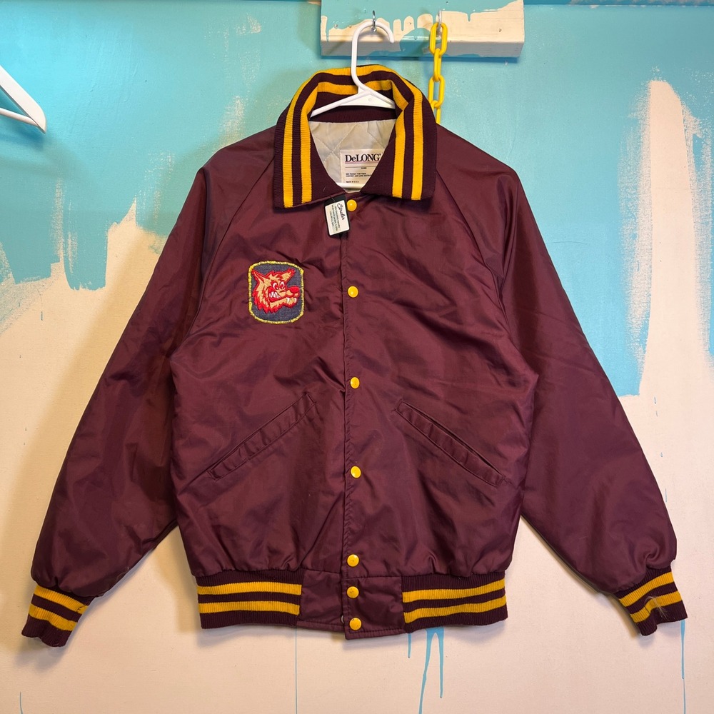 Vintage 1990s DeLong Maroon Varsity Jacket with Wolf Patch Medium Size 90s Retro